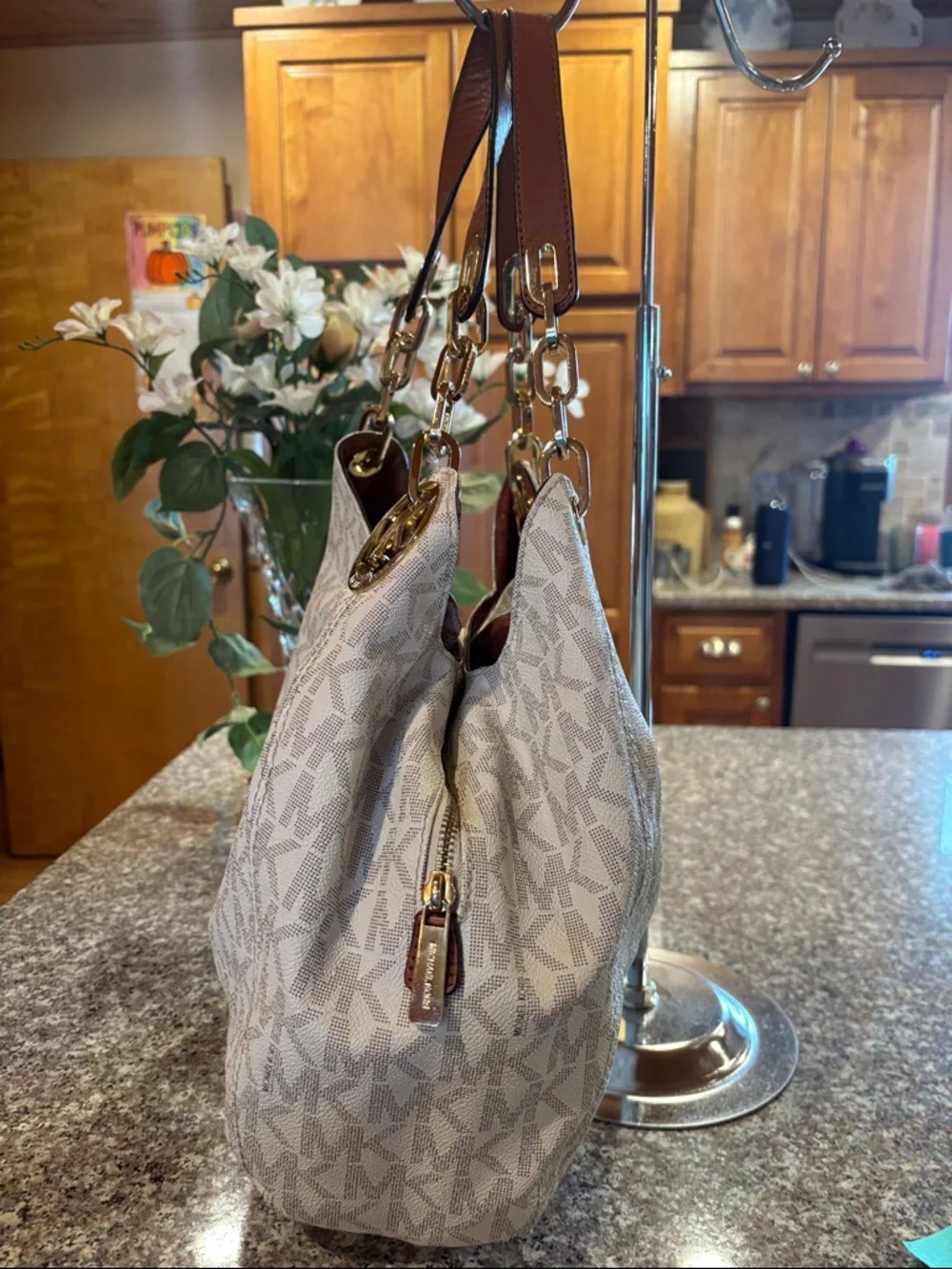 Michael Kors Fulton Large Chain Shoulder Tote in a vanilla MK pattern with Brown - Picture 6 of 17